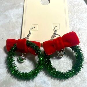 Christmas Green Wreaths Silver Bell Earrings